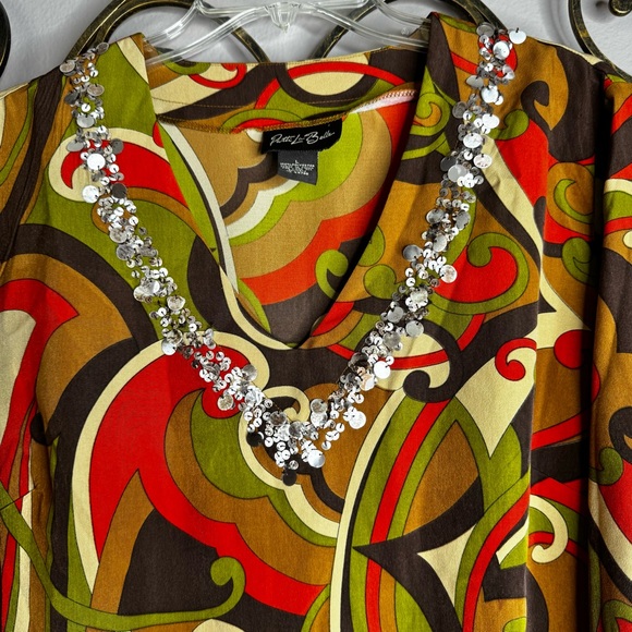 Patti Labelle Sequin Trim Multi-Color Brown Orange Retro Style Blouse Sz L - Picture 2 of 10